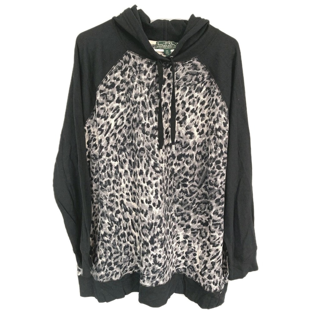 Lauren Ralph Lauren Active Hoodie Women 3X Black Leopard Thermal Pullover Knit